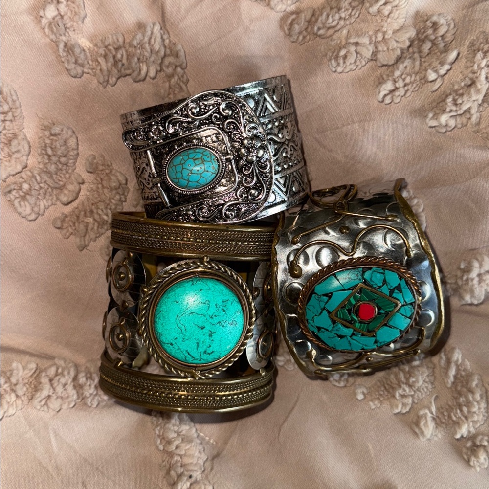 Silver and Gold Cuff Bracelets with Turquoise Accents